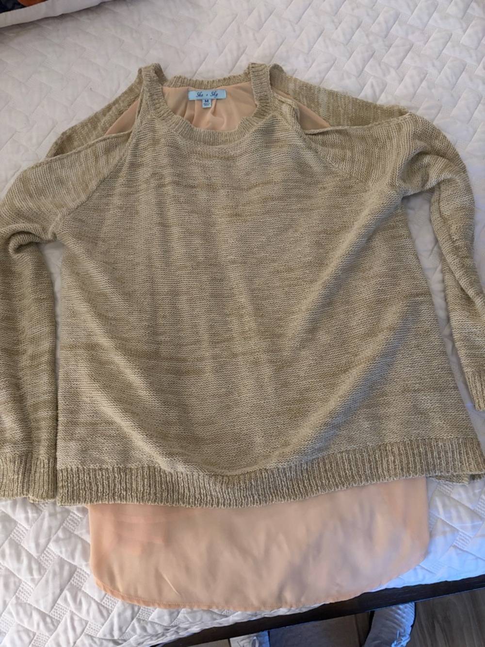 She + Sky Beige Cold-Shoulder Layered Knit Sweater with Peach Hem